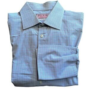 Thomas Pink Made In England Blue Micro Houndstooth Windowpane Shirt 16.5 35 [M]